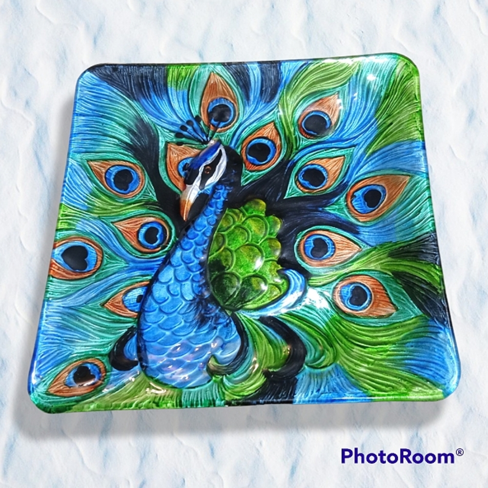 Peacock Platter Tray Hand Painted Fused Glass Bright Colors 12” X 12”
